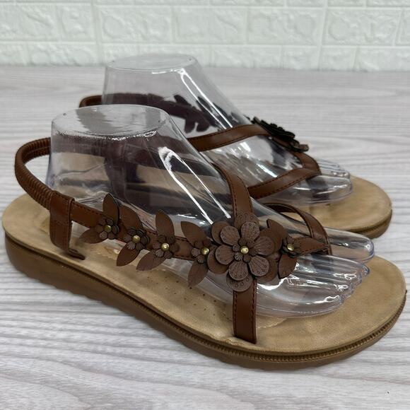 Andiamo Sandals SZ 11M Brown Tan 3D Flower Elastic Slingback Strappy Flat Thong - Picture 1 of 10
